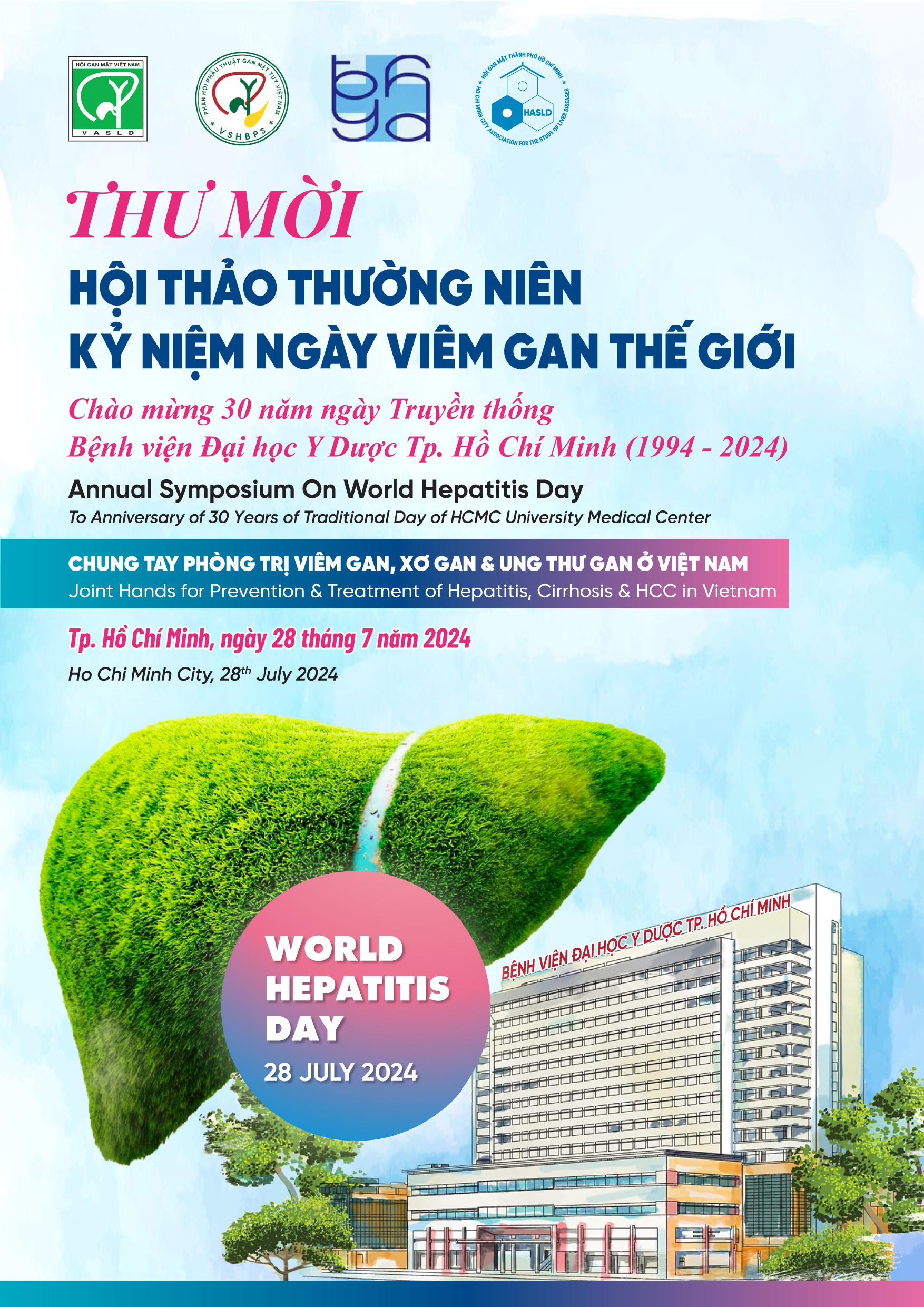 Thư mời Hội thảo thường niên kỷ niệm ngày viêm gan thế giới : Chào mừng 30 năm ngày Truyền thống Bệnh viện Đại học Y Dược Tp.Hồ Chí Minh (1994-2024)